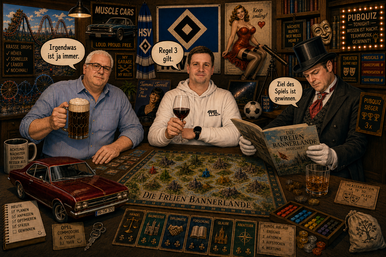 Humorvolle Szene eines Brettspielabends mit Marco Tharra und unkenntlich gemachten Mitspielern