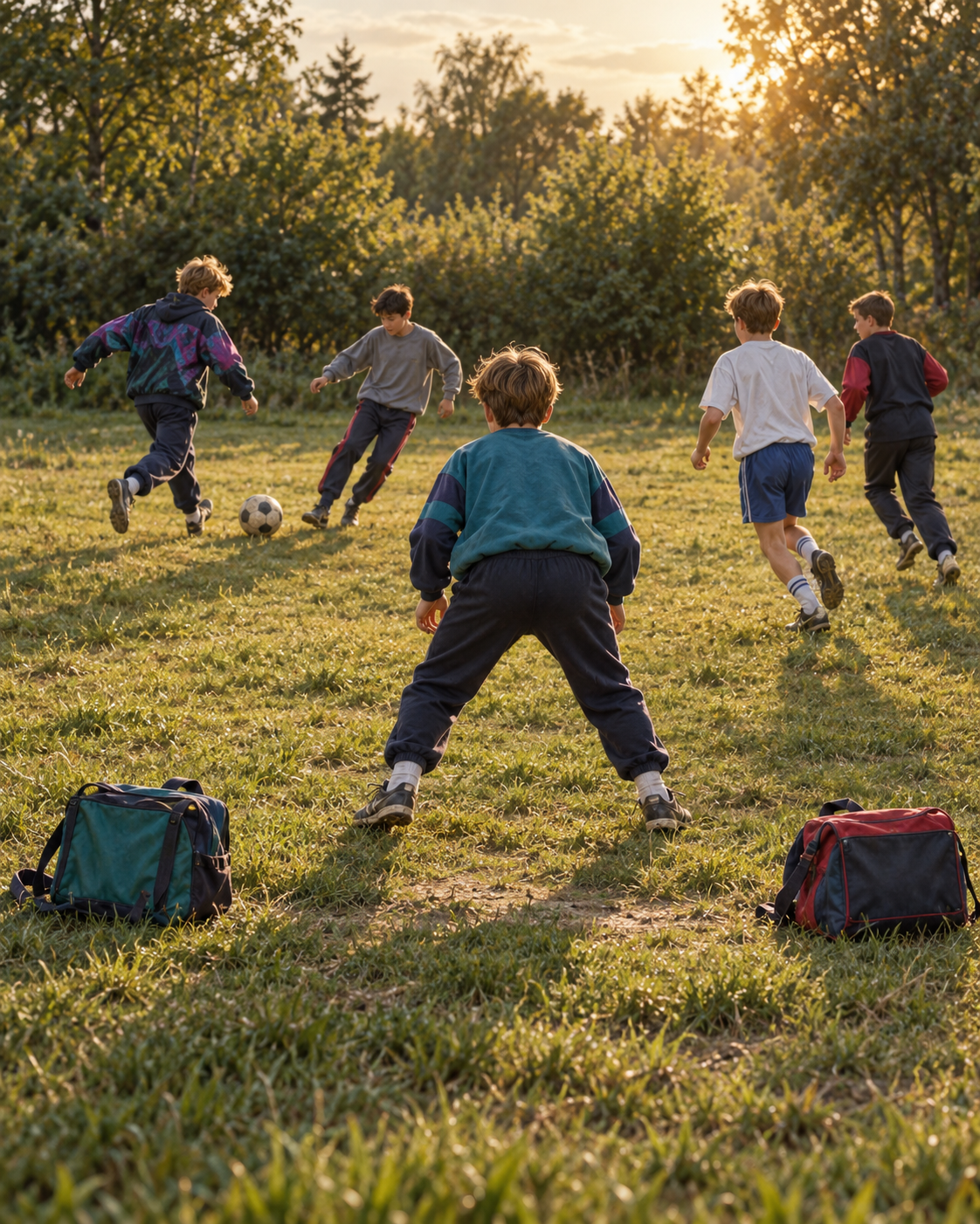 KI-Illustration einer kleinen Gruppe Kinder beim Fußball auf einer einfachen Rasenfläche mit Taschen als Torbegrenzung