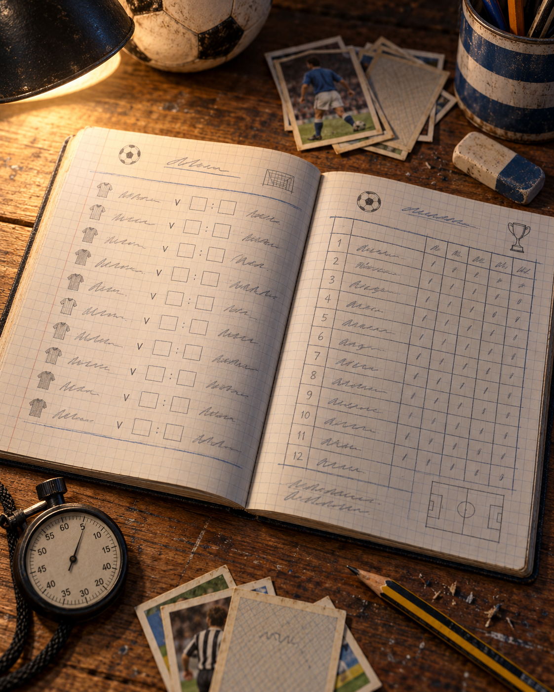 KI-Illustration eines handschriftlichen Fußballhefts mit Spieltag, Tabelle, Stoppuhr und Sammelbildern