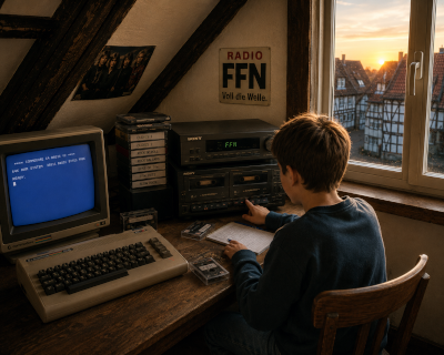 Junge im Dachzimmer mit C64, Kassetten und Sony-Stereoanlage vor einem Radio-FFN-Schild