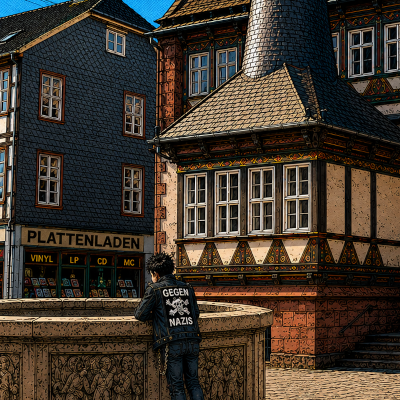 Jugendlicher mit Gegen-Nazis-Aufnäher auf der Jeansjacke vor einem Plattenladen in einer Fachwerkstadt