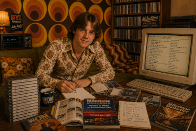 Marco als junger Oldie-Fan in seinem Zimmer in Hannover, umgeben von CDs, Musikkatalogen und Erinnerungen an seine Sammlerzeit