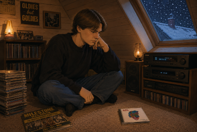 Junger Marco hört an einem verschneiten Heiligabend im Dachzimmer Forever Changes von Love