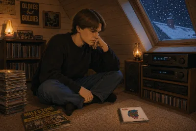 Junger Marco hört an einem verschneiten Heiligabend im Dachzimmer Forever Changes von Love
