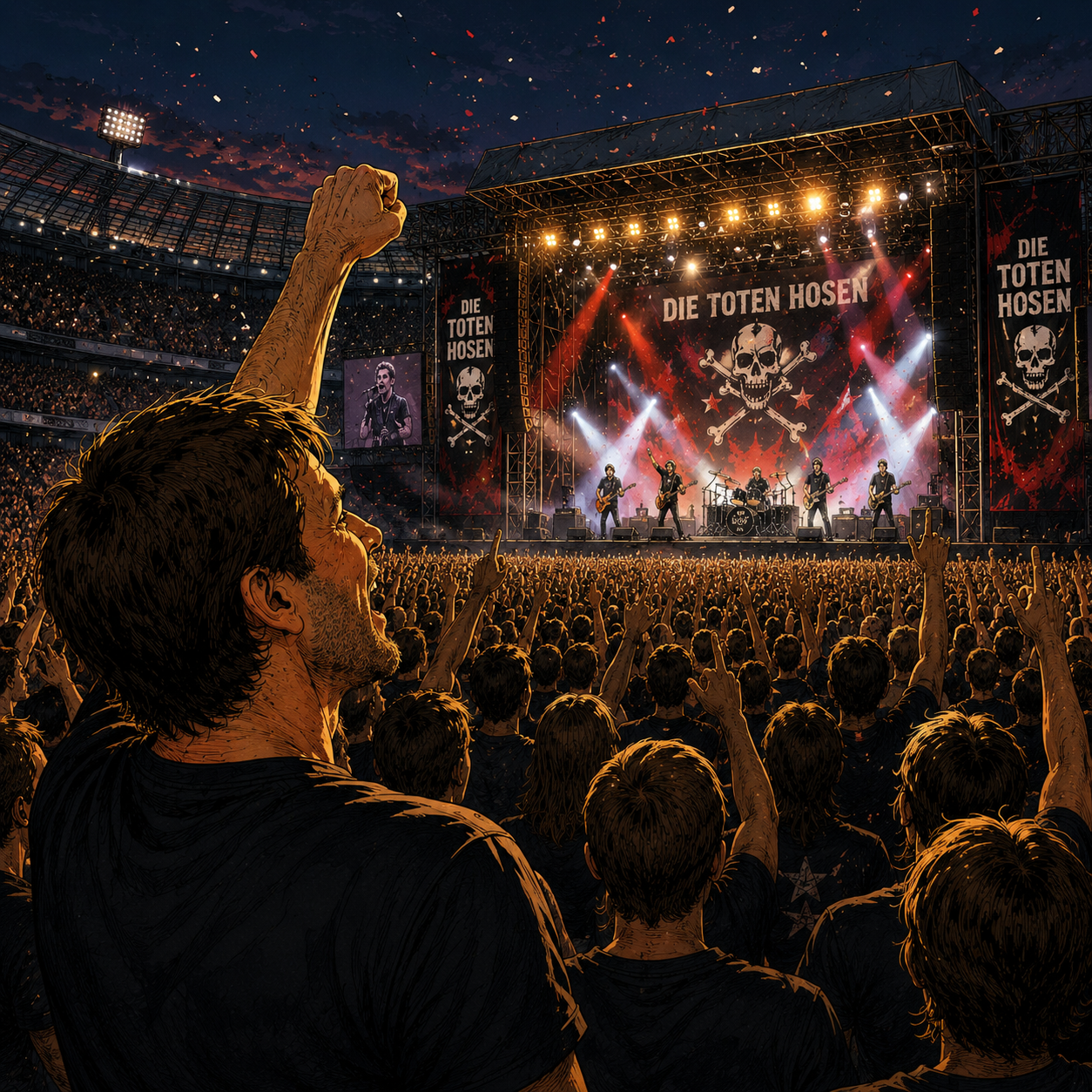 Marco singt inmitten einer großen Menschenmenge bei einem hell erleuchteten Stadionkonzert mit