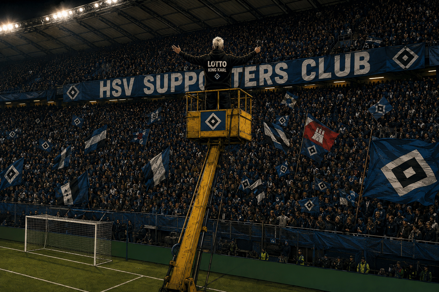 Comicartige Illustration von Lotto King Karl beim alten Kran-Ritual vor vollen HSV-Tribünen im Volksparkstadion unter Flutlicht