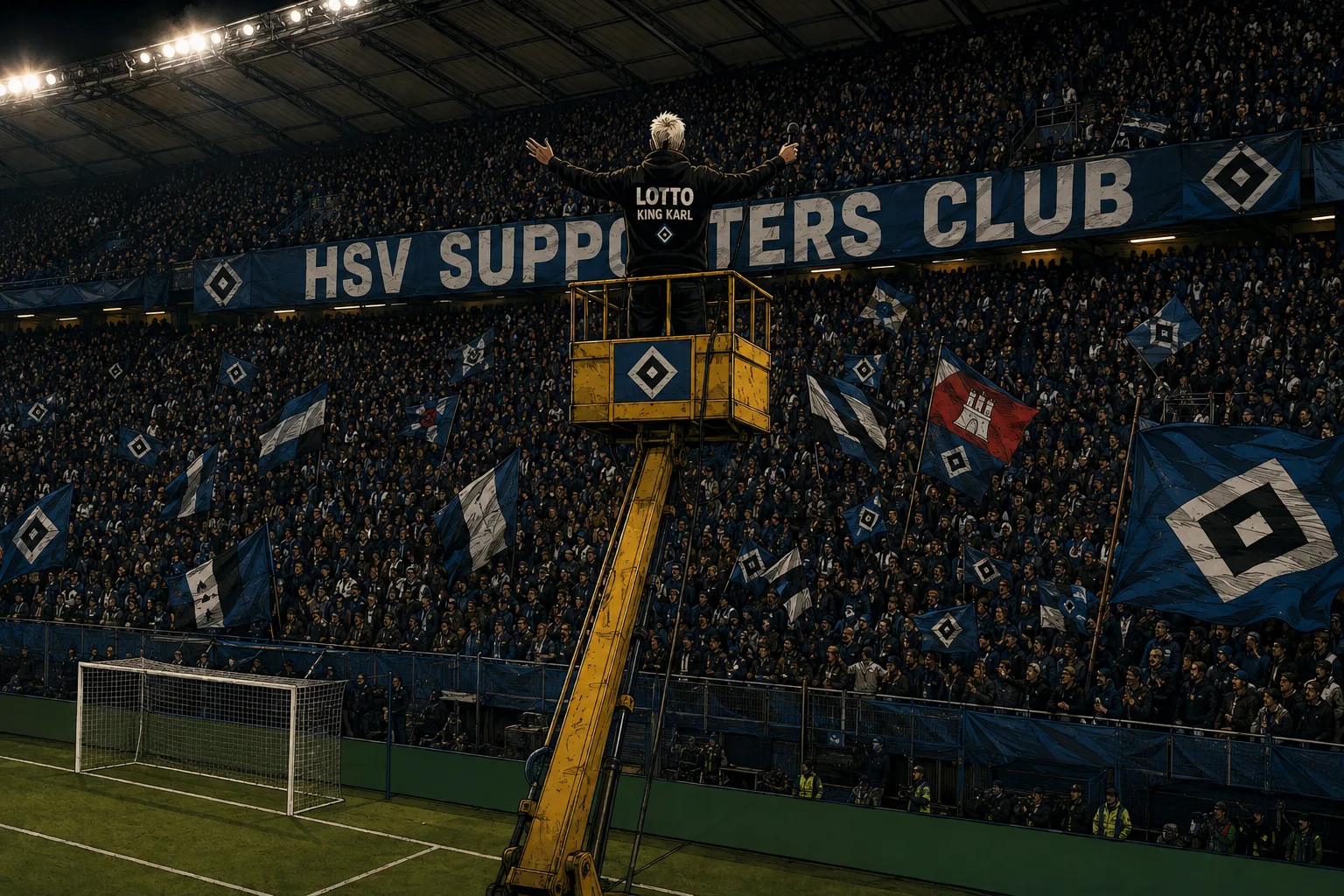 Comicartige Illustration von Lotto King Karl beim alten Kran-Ritual vor vollen HSV-Tribünen im Volksparkstadion unter Flutlicht
