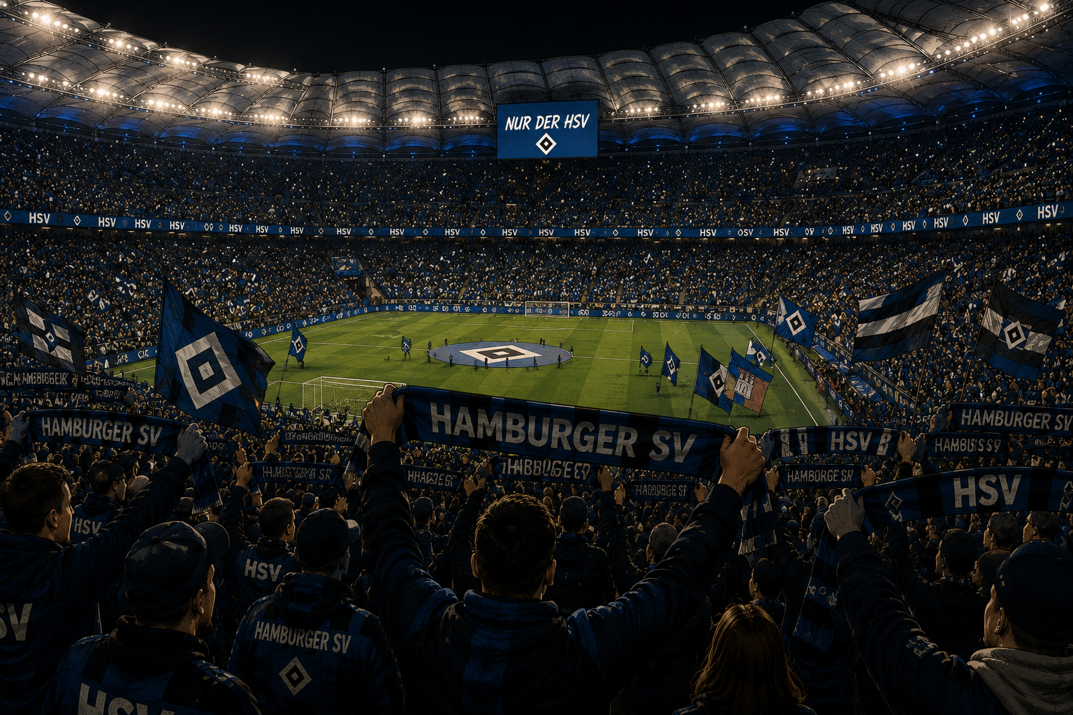 Comicartige Illustration voller HSV-Tribünen beim gemeinsamen Singen im Volksparkstadion