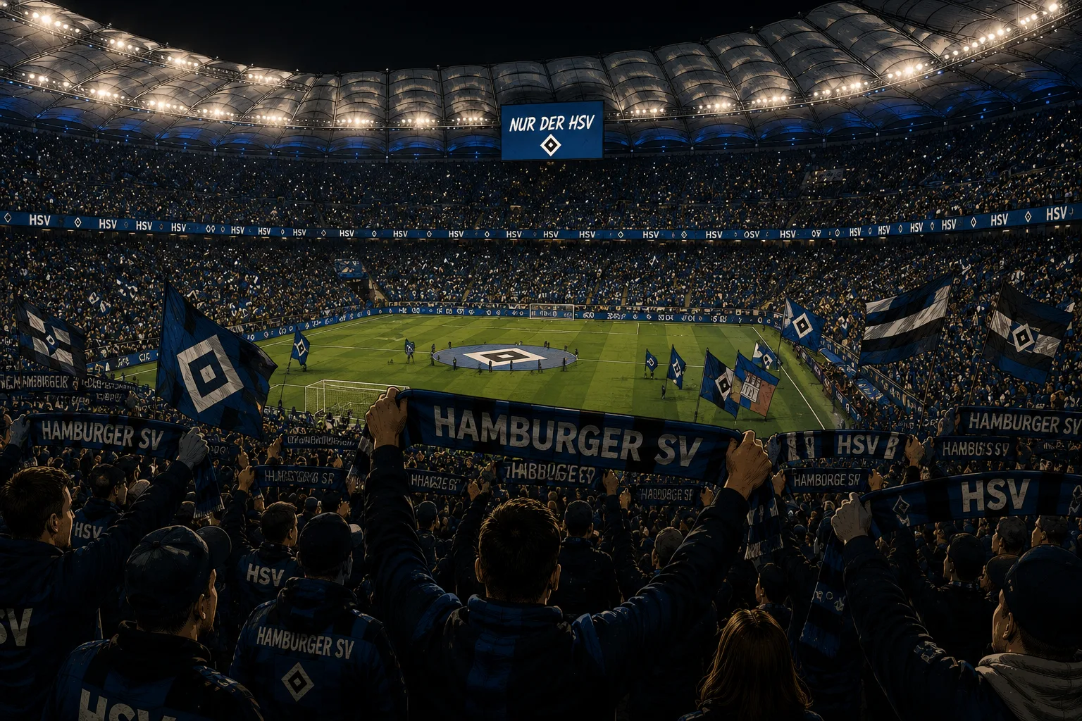 Comicartige Illustration voller HSV-Tribünen beim gemeinsamen Singen im Volksparkstadion