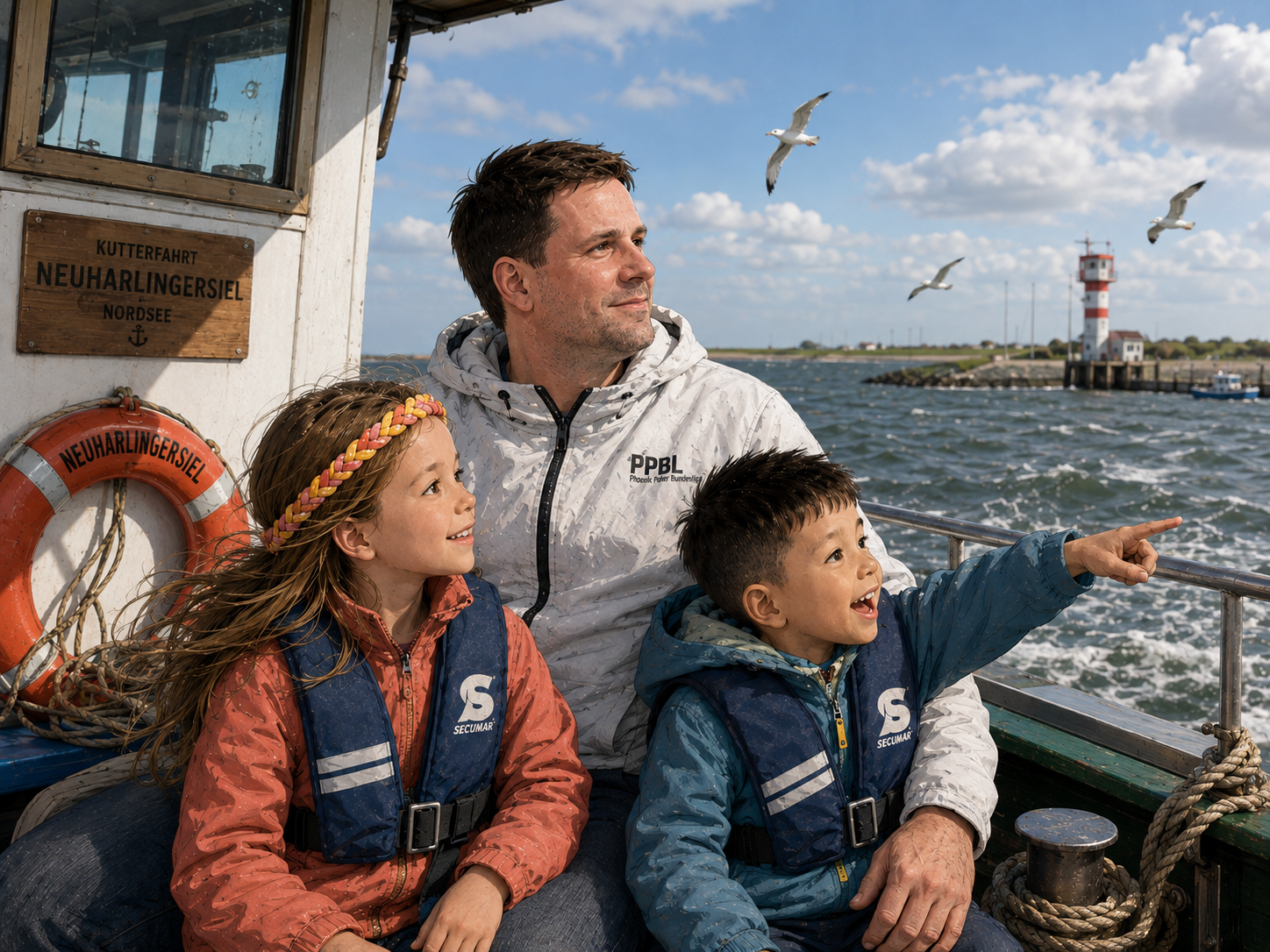 Comicartige maritime Erinnerung an die Nordsee mit starkem Wind, Schiff und weitem Horizont