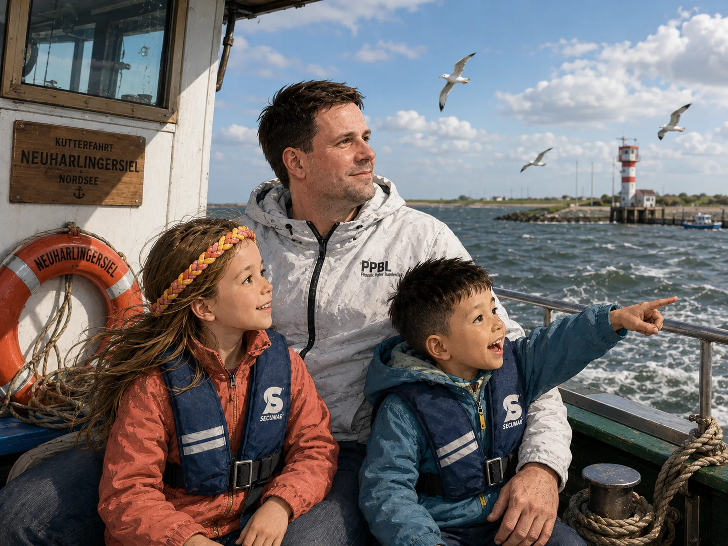 Comicartige maritime Erinnerung an die Nordsee mit starkem Wind, Schiff und weitem Horizont