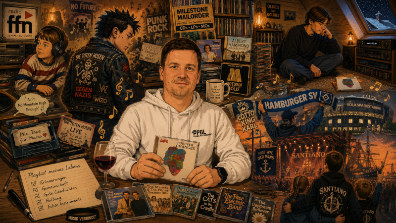 Comicartige Collage zu Marco Tharras Musikgeschmack mit Oldies, Punkrock, CDs, Konzerten, HSV-Musik und Santiano